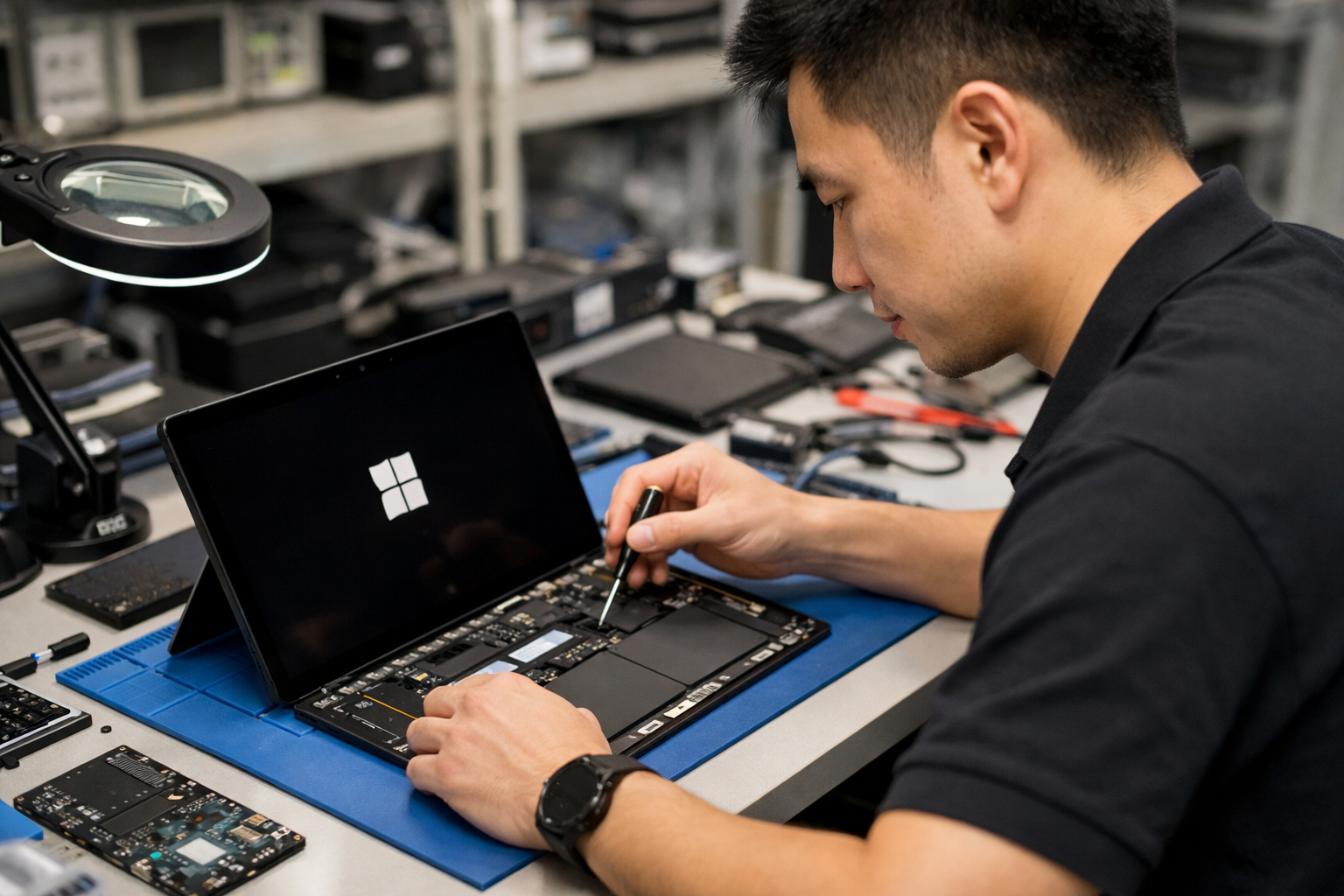 Sửa Surface Pro 9 bị treo logo: Cách xử lý triệt để nhất 9 Kỹ thuật viên tại Surface Plus đang kiểm tra và sửa chữa Surface Pro 9