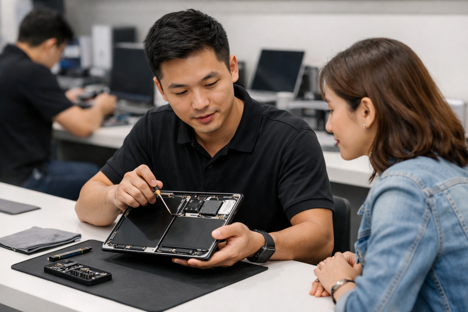 Hướng dẫn Surface Pro từ A-Z: Cách sử dụng và tối ưu nhất 9 Kỹ thuật viên tại Surface Plus đang kiểm tra và bảo trì máy Surface Pro cho khách hàng