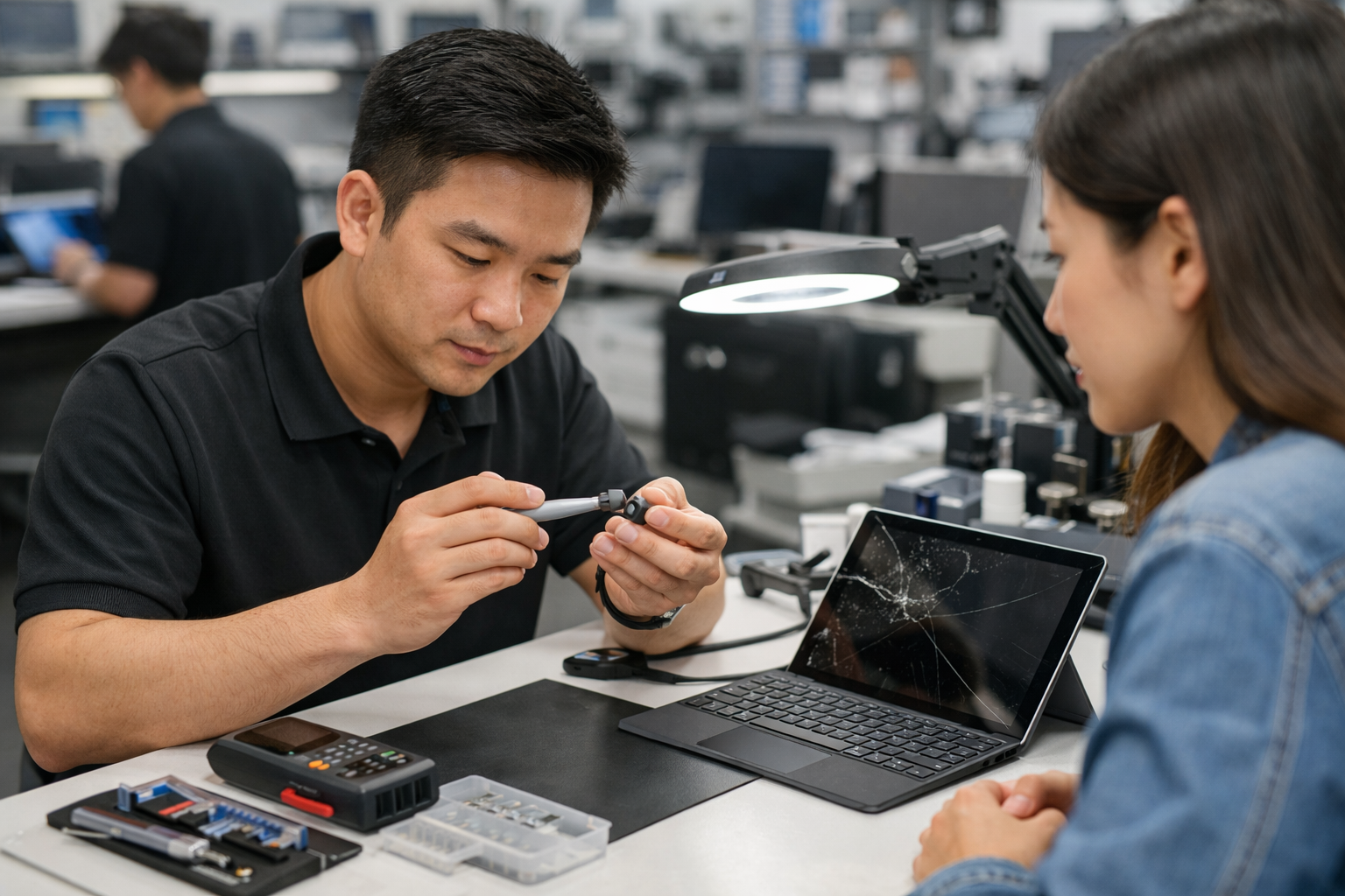 Kỹ thuật viên tại Surface Plus đang kiểm tra lỗi bút Surface cho khách hàng