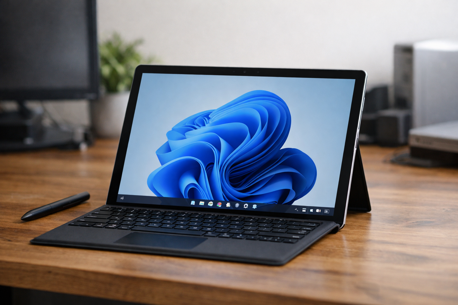 A successfully reset Surface Pro showing the Windows 11 welcome screen and a clean desktop