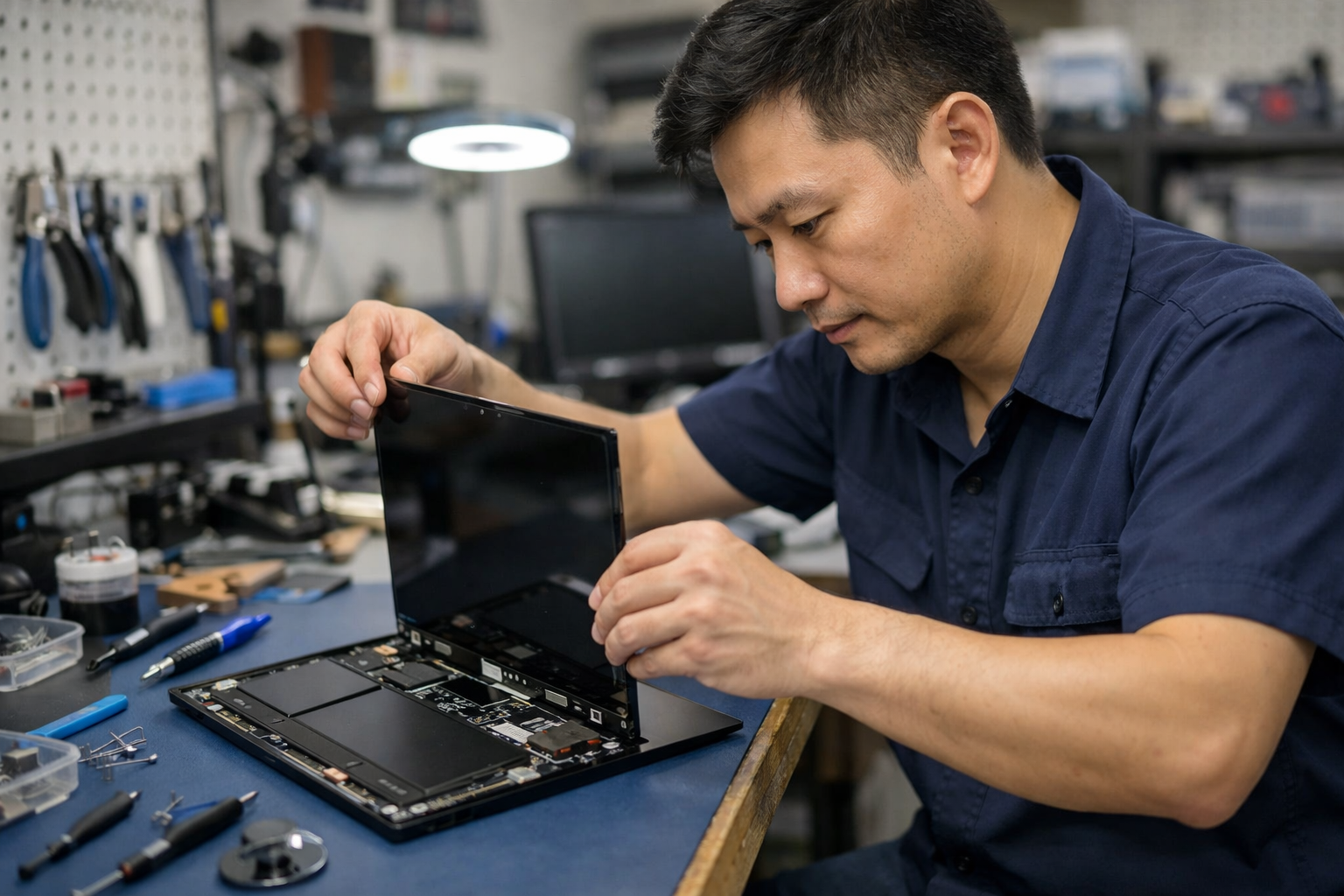 Kỹ thuật viên đang thực hiện thay màn hình Surface Laptop 3 chuyên nghiệp