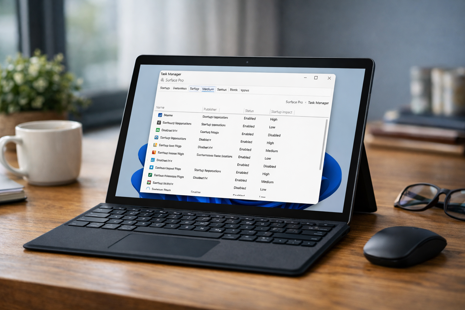 Giao diện Task Manager trên Windows 11 hiển thị các ứng dụng khởi động cùng máy Surface Pro