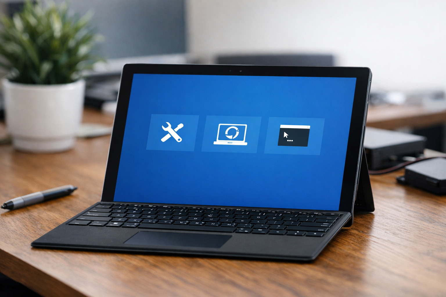 A Surface Pro showing the blue Windows recovery environment screen with troubleshooting options