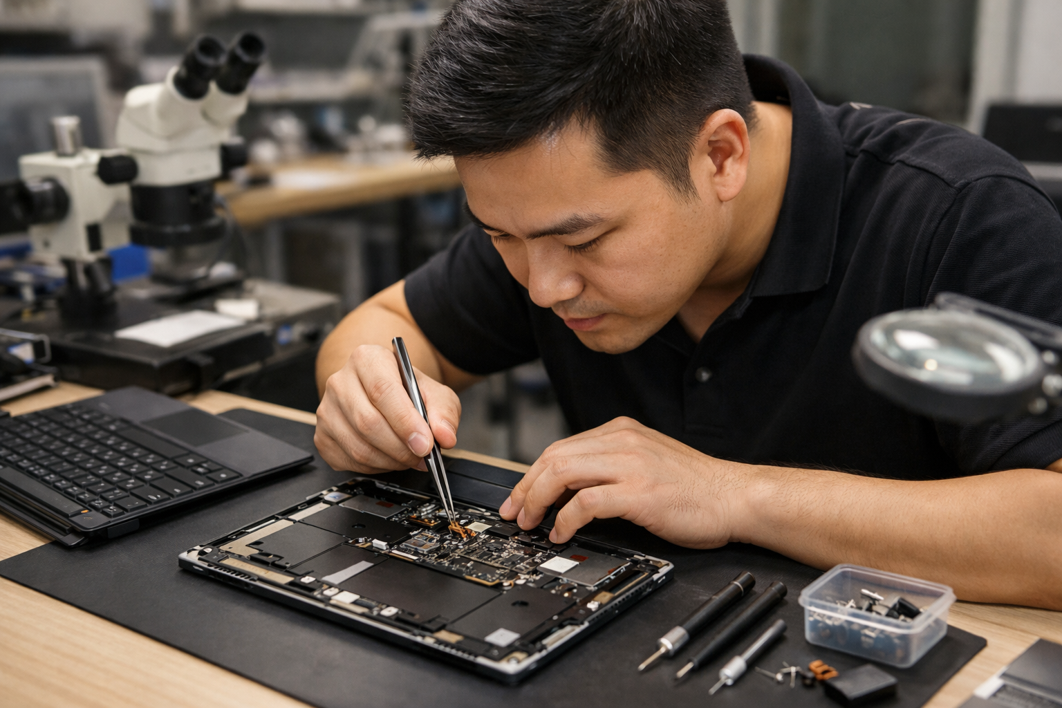 Cách sửa Surface Pro 6 không nhận phím dứt điểm tại nhà 9 Kỹ thuật viên tại Surface Plus đang kiểm tra lỗi phần cứng trên Surface Pro 6