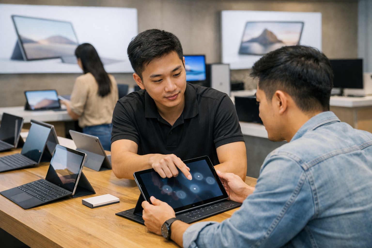 The interior of Surface Plus store in Hanoi with various Surface Pro models on display and a technician helping a customer