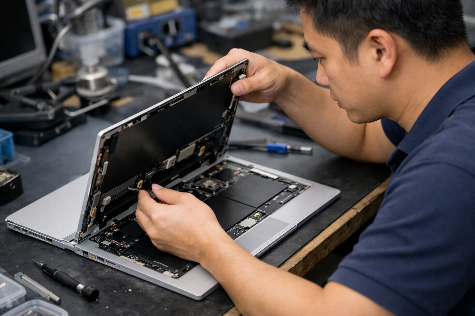 Thay Pin Surface Book 1 Màn Hình Lấy Ngay Tại Hà Nội 7 Kỹ thuật viên đang khéo léo tháo màn hình Surface Book 1 để thay pin