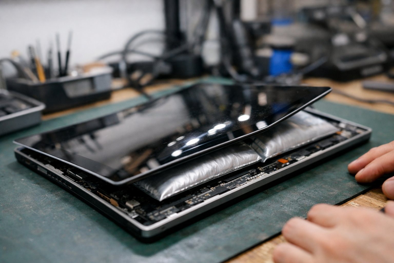 Hình ảnh thực tế viên pin Surface Pro 5 bị phồng làm cong màn hình
