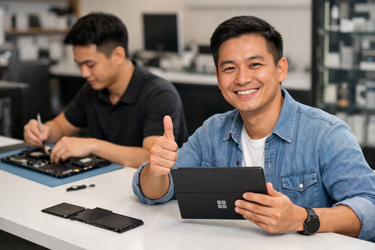 Khách hàng hài lòng sau khi sử dụng dịch vụ thay pin tại Surface Plus