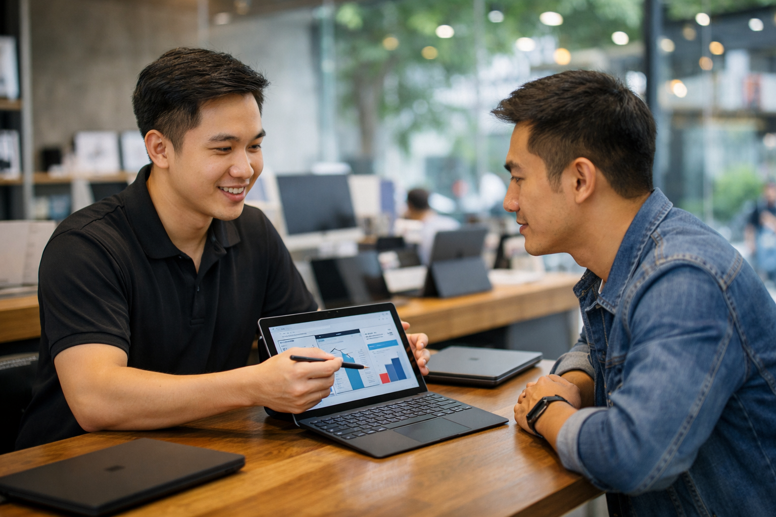 Nhân viên Surface Plus đang tư vấn cấu hình Surface Pro cho khách hàng tại showroom Hà Nội