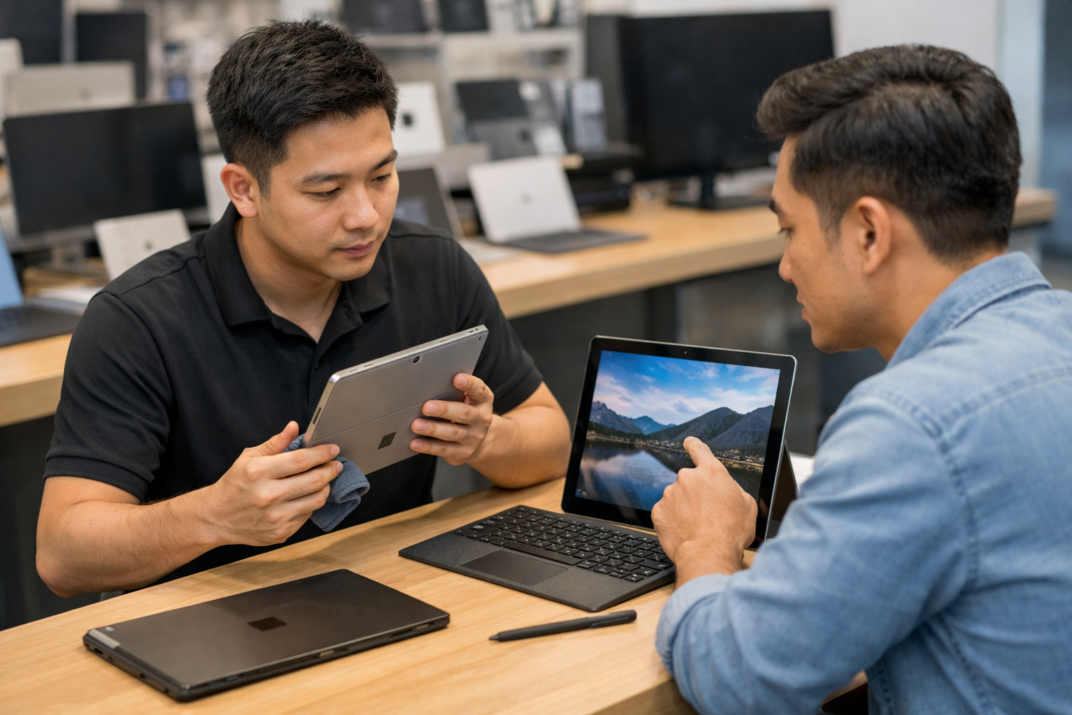 Kỹ thuật viên đang kiểm tra chi tiết ngoại hình và màn hình Surface cũ cho khách hàng