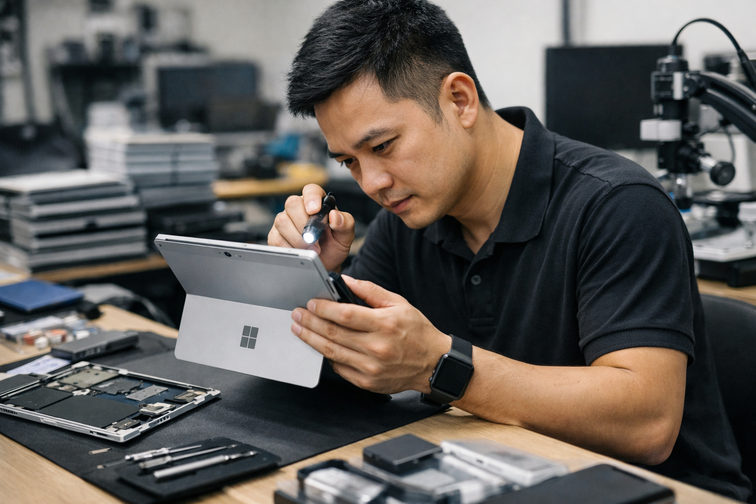 Mua Surface cũ bảo hành tốt ở đâu uy tín tại Hà Nội? 7 Nhân viên kỹ thuật đang kiểm tra kỹ lưỡng máy Surface trước khi giao cho khách