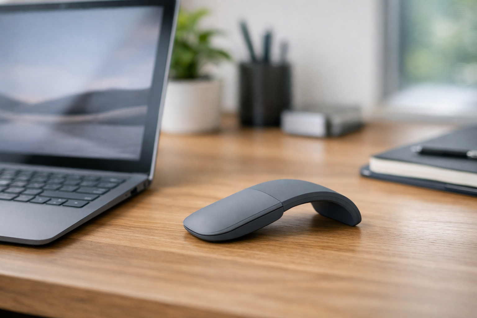 Đánh giá chuột Surface Arc Mouse: Đẳng cấp thiết kế di động 8 Chuột Surface Arc Mouse đặt cạnh Surface Laptop trên bàn làm việc hiện đại