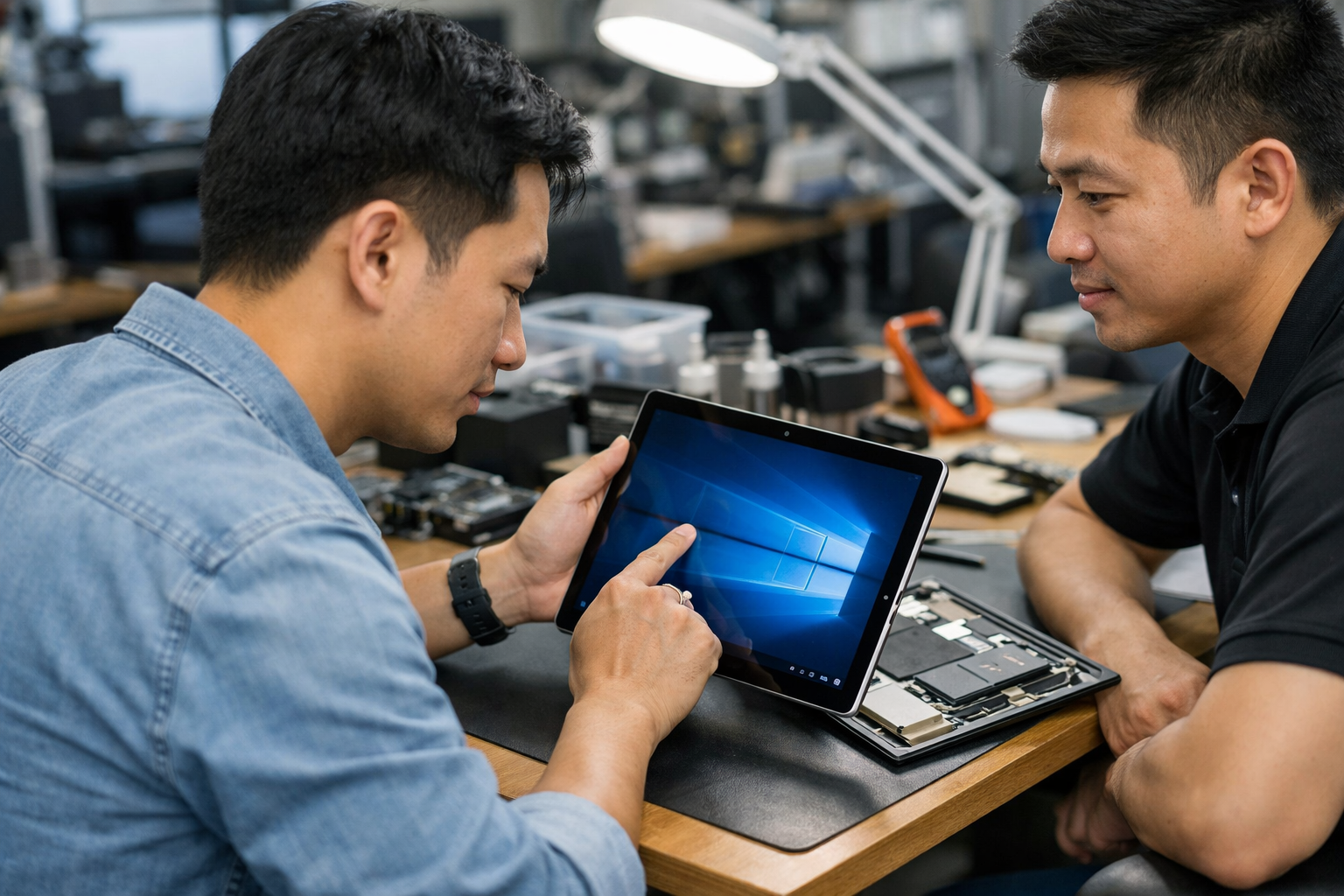 Khách hàng kiểm tra lại máy Surface Pro 4 sau khi đã được xử lý đốm trắng màn hình