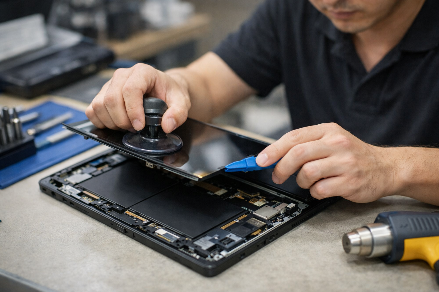 Quy trình tách màn hình Surface Pro 8 bằng dụng cụ chuyên dụng để thay pin