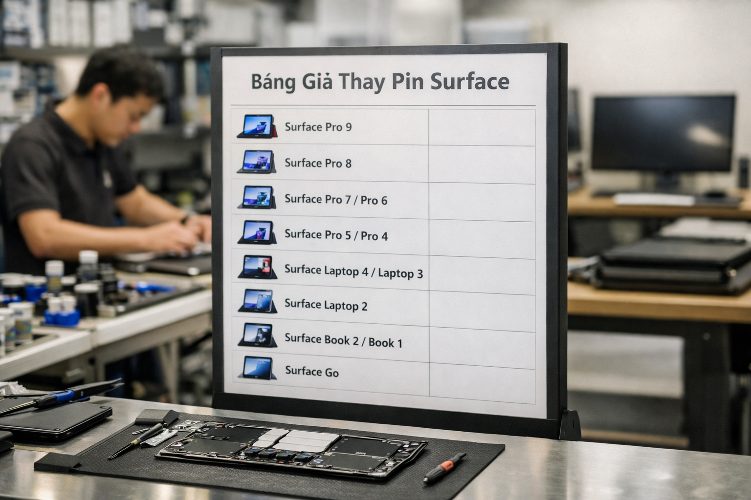 Bảng giá thay pin Surface 2026 uy tín tại Surface Plus 8 Bảng niêm yết giá thay pin Surface các dòng tại cửa hàng