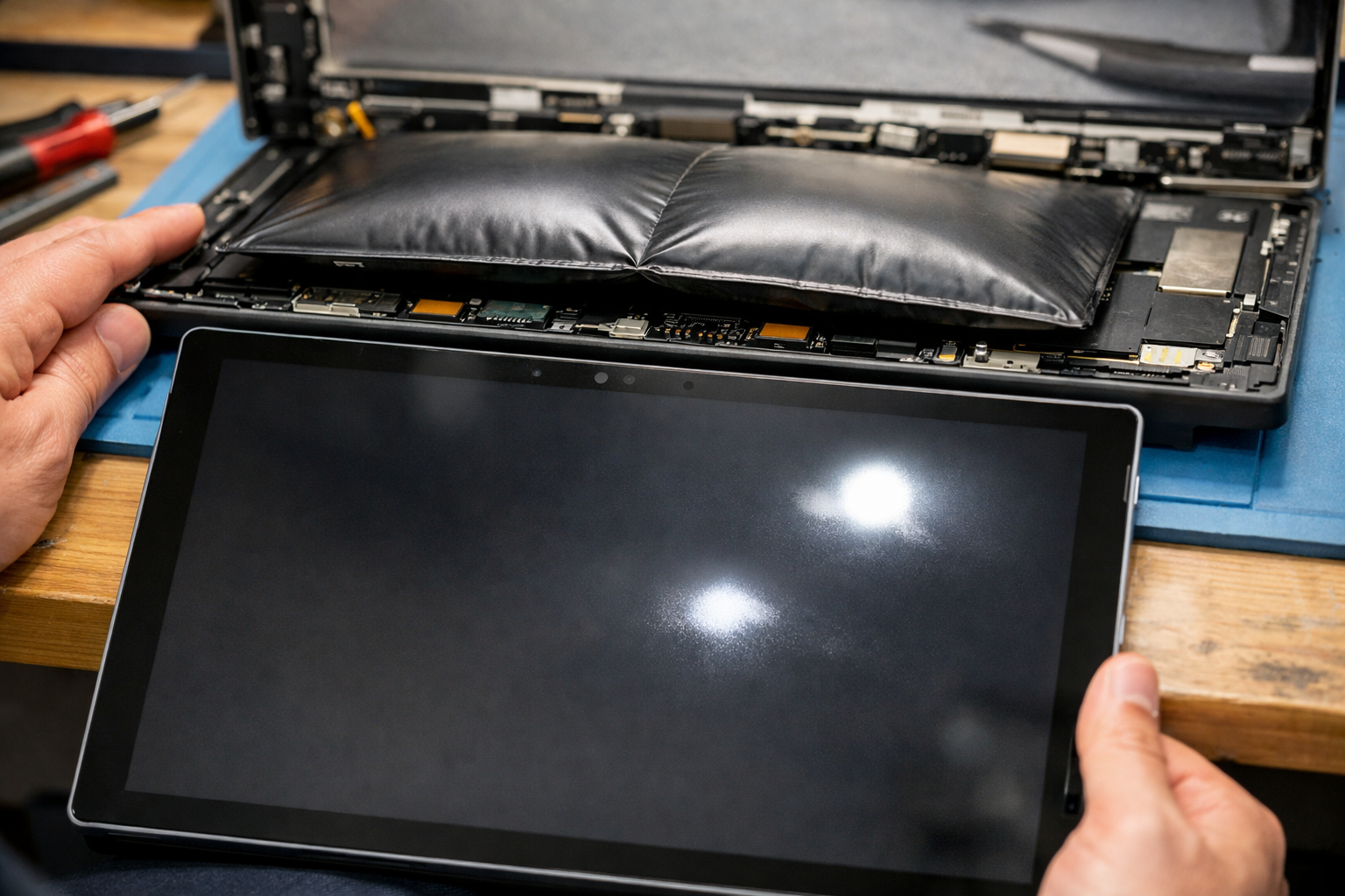 Viên pin Surface Pro 4 bị phồng đẩy lên ép vào tấm nền màn hình gây đốm trắng