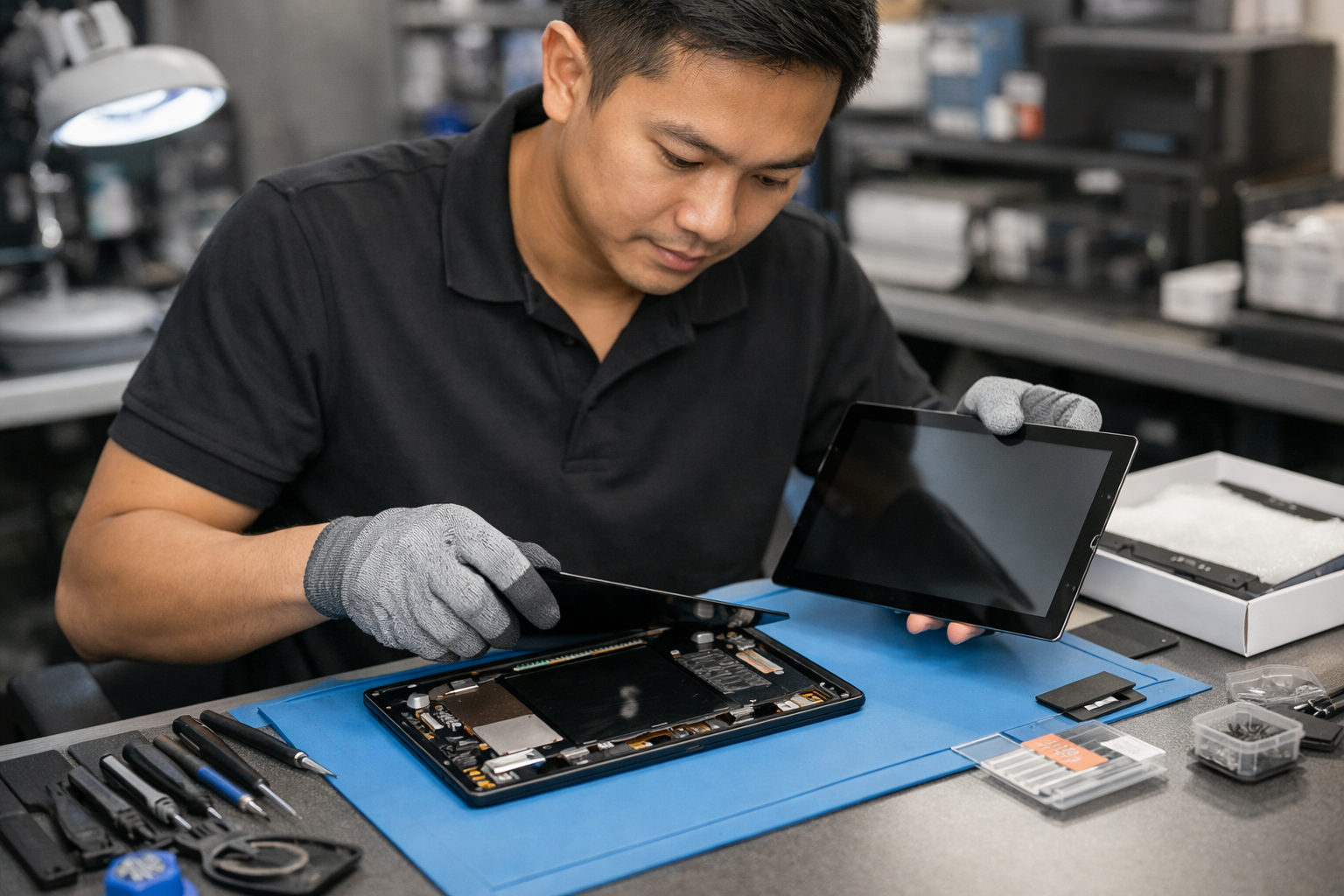 Kỹ thuật viên đang thực hiện các bước thay màn hình Surface Go 2 chuyên nghiệp