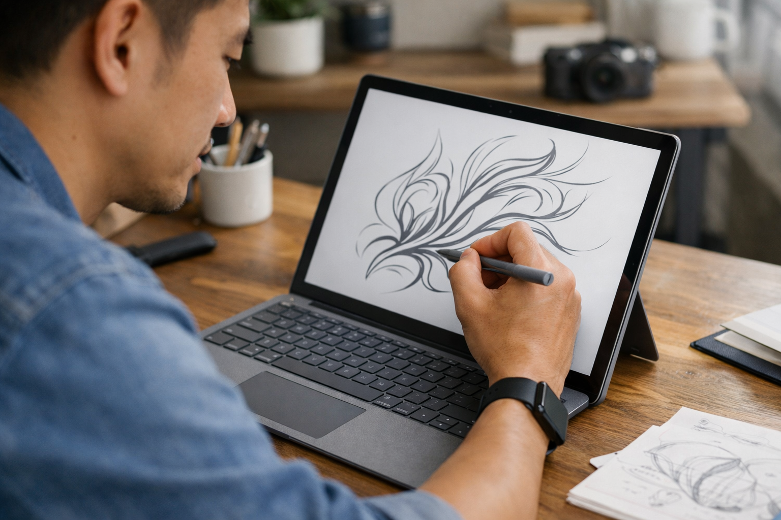 Cách kết nối bút Surface Pen đơn giản và nhanh nhất 2024 9 Một nhà thiết kế đang dùng bút Surface Pen vẽ các đường nét nghệ thuật trên màn hình Surface Laptop
