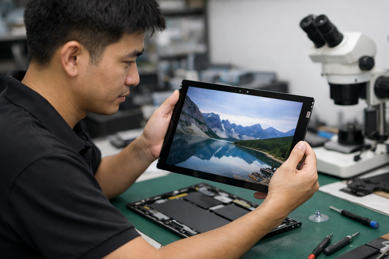 Thay màn hình Surface Pro 4 chính hãng ở đâu uy tín Hà Nội? 7 Kỹ thuật viên đang kiểm tra màn hình Surface Pro 4 chính hãng trước khi thay thế