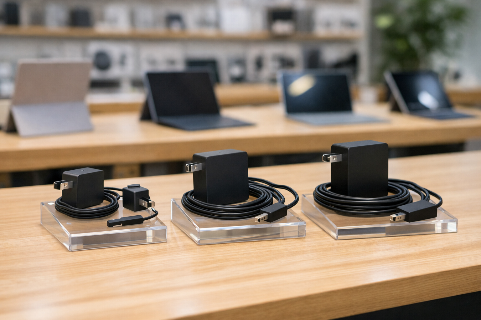 Các mẫu sạc Surface Pro, Surface Laptop và Surface Go chính hãng trưng bày tại cửa hàng