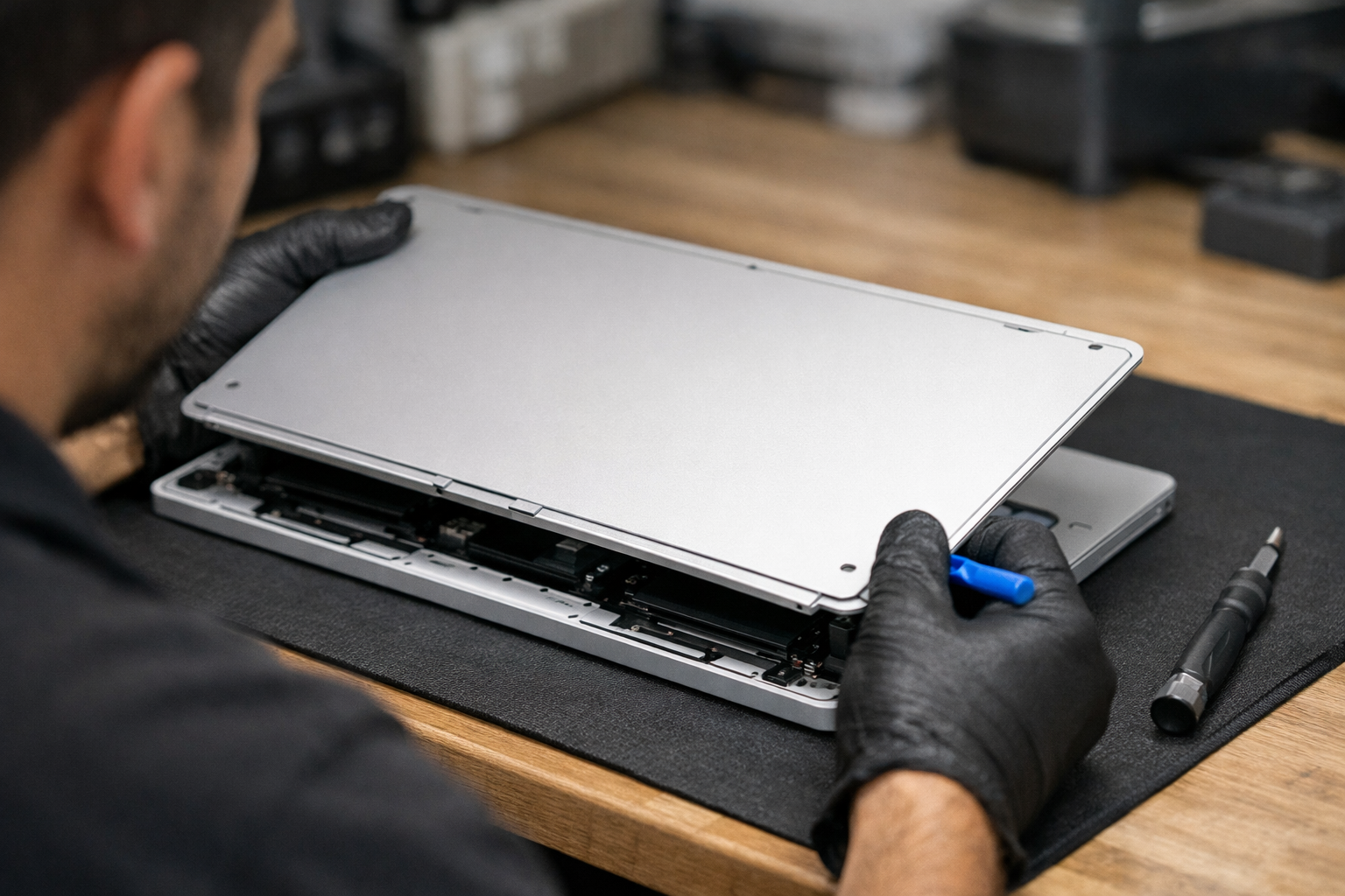Professional technician carefully prying open the bottom panel of a Surface Book 1 base