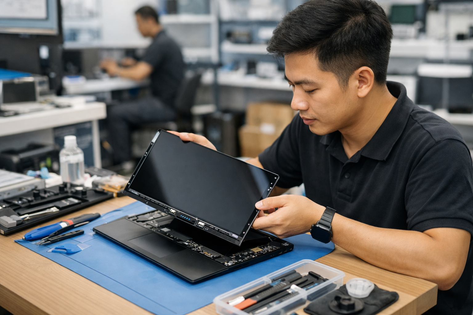Kỹ thuật viên tại Surface Plus đang tiến hành thay màn hình Surface Laptop 4 cho khách hàng