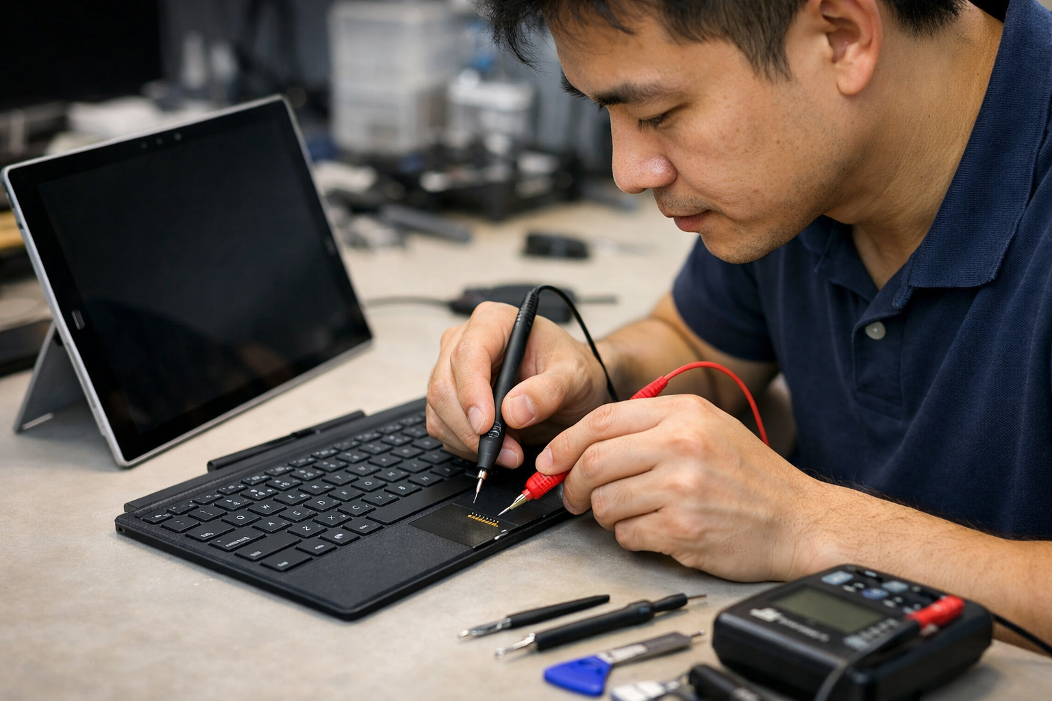 Kỹ thuật viên kiểm tra chân tiếp xúc từ tính của Surface Pro 6