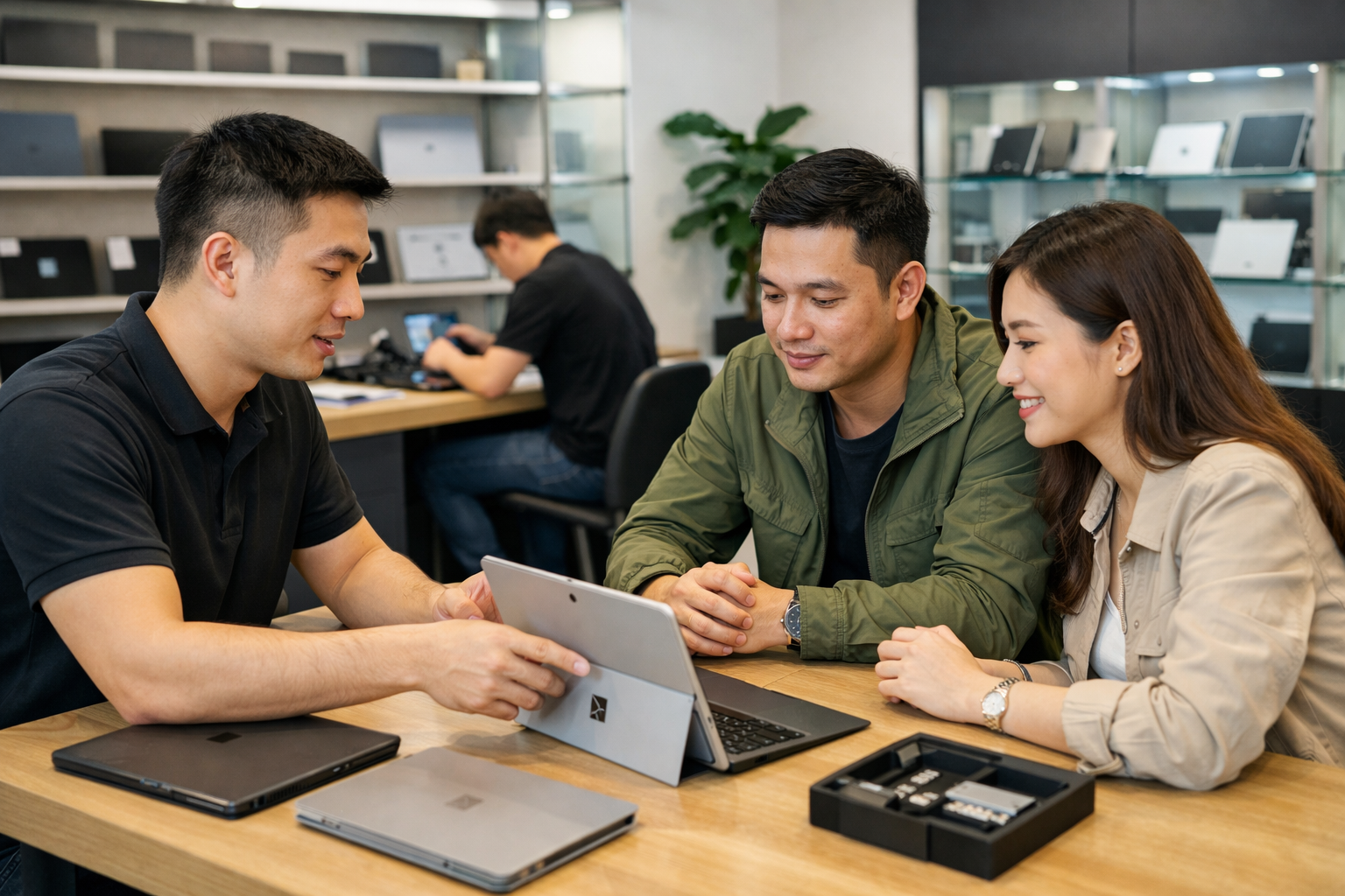 Khách hàng đang trải nghiệm và nhận tư vấn mua Surface cũ tại cửa hàng Surface Plus Hà Nội