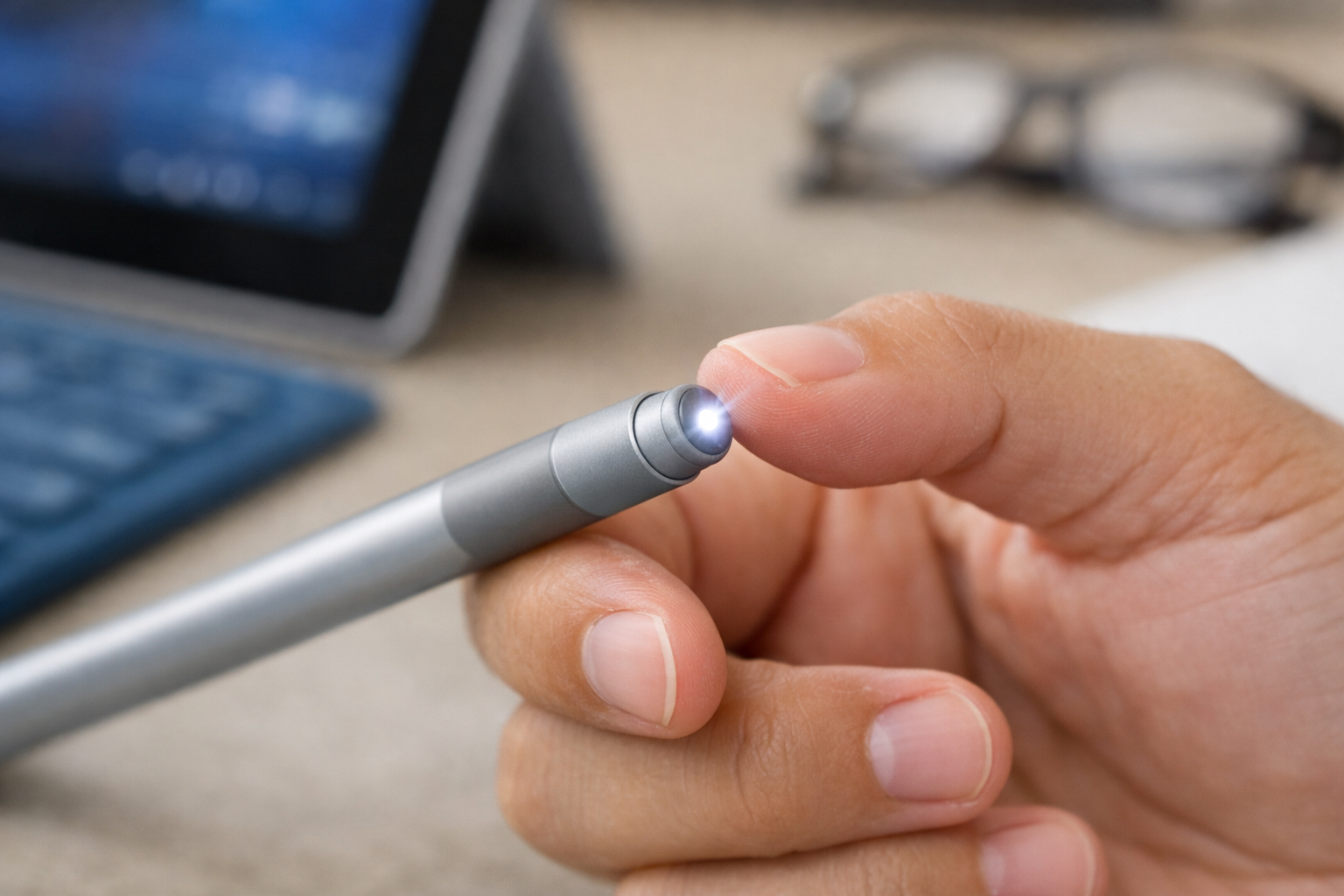 Cách kết nối bút Surface Pen đơn giản và nhanh nhất 2024 8 Cận cảnh bàn tay đang nhấn giữ nút bấm ở đuôi bút Surface Pen để kích hoạt đèn LED nhấp nháy