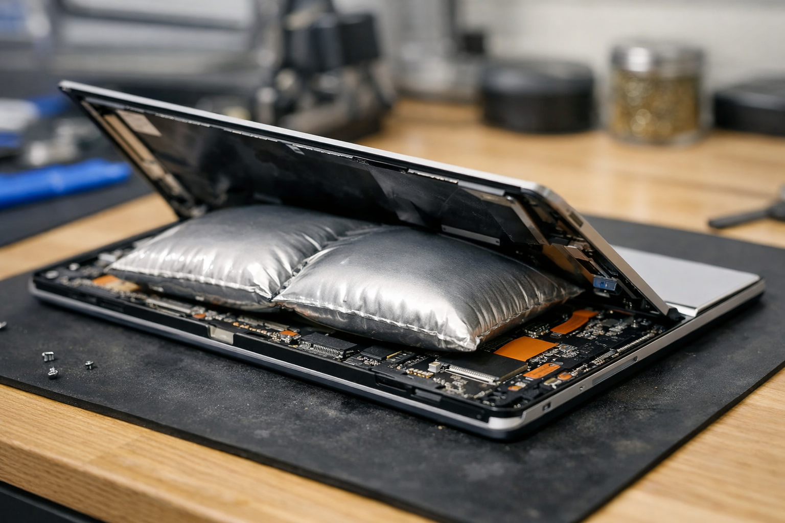 Bảng giá thay pin Surface 2026 uy tín tại Surface Plus 7 Hình ảnh viên pin Surface bị phồng gây nguy hiểm cho linh kiện bên trong