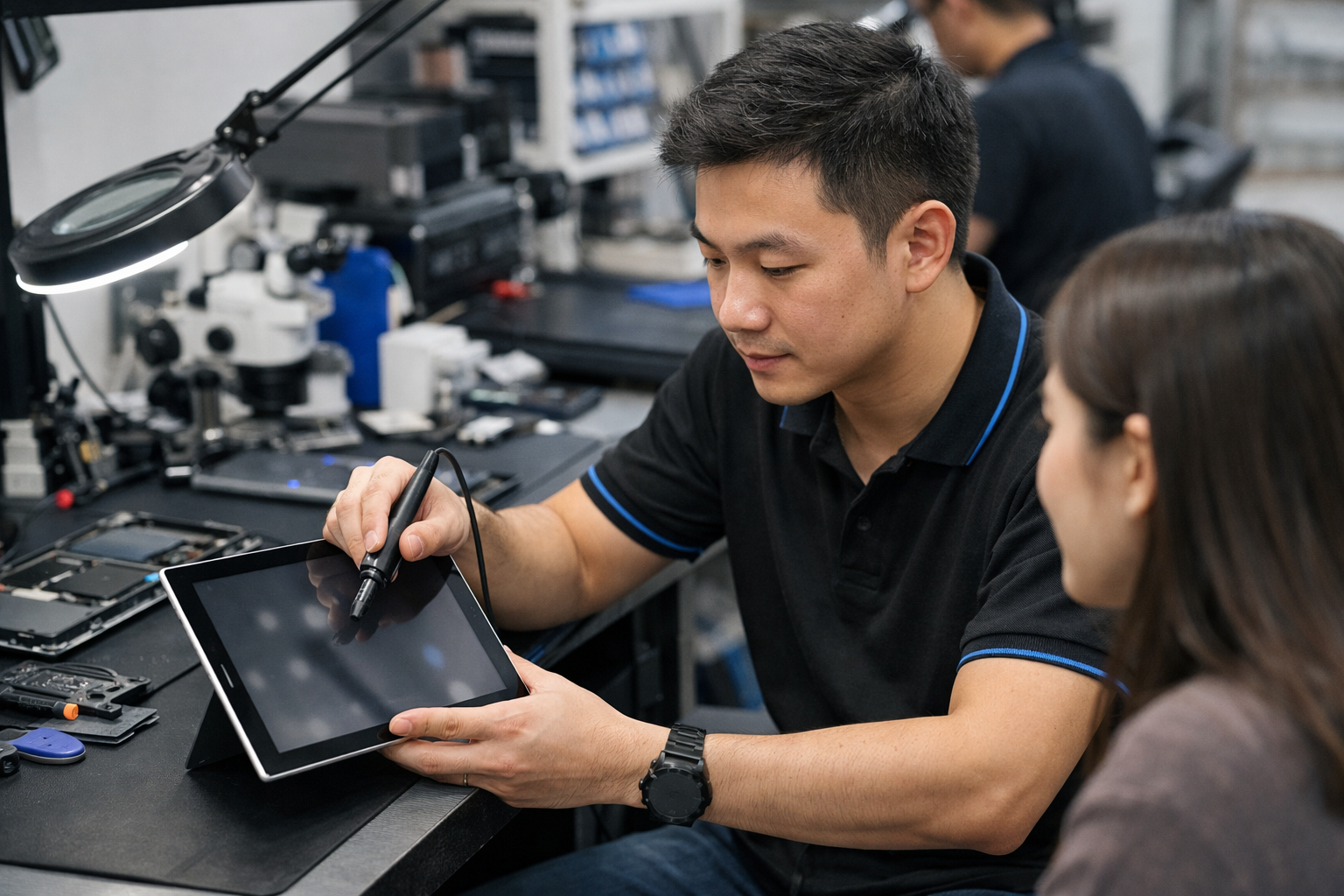 Kỹ thuật viên tại Surface Plus đang kiểm tra lỗi màn hình Surface cho khách hàng