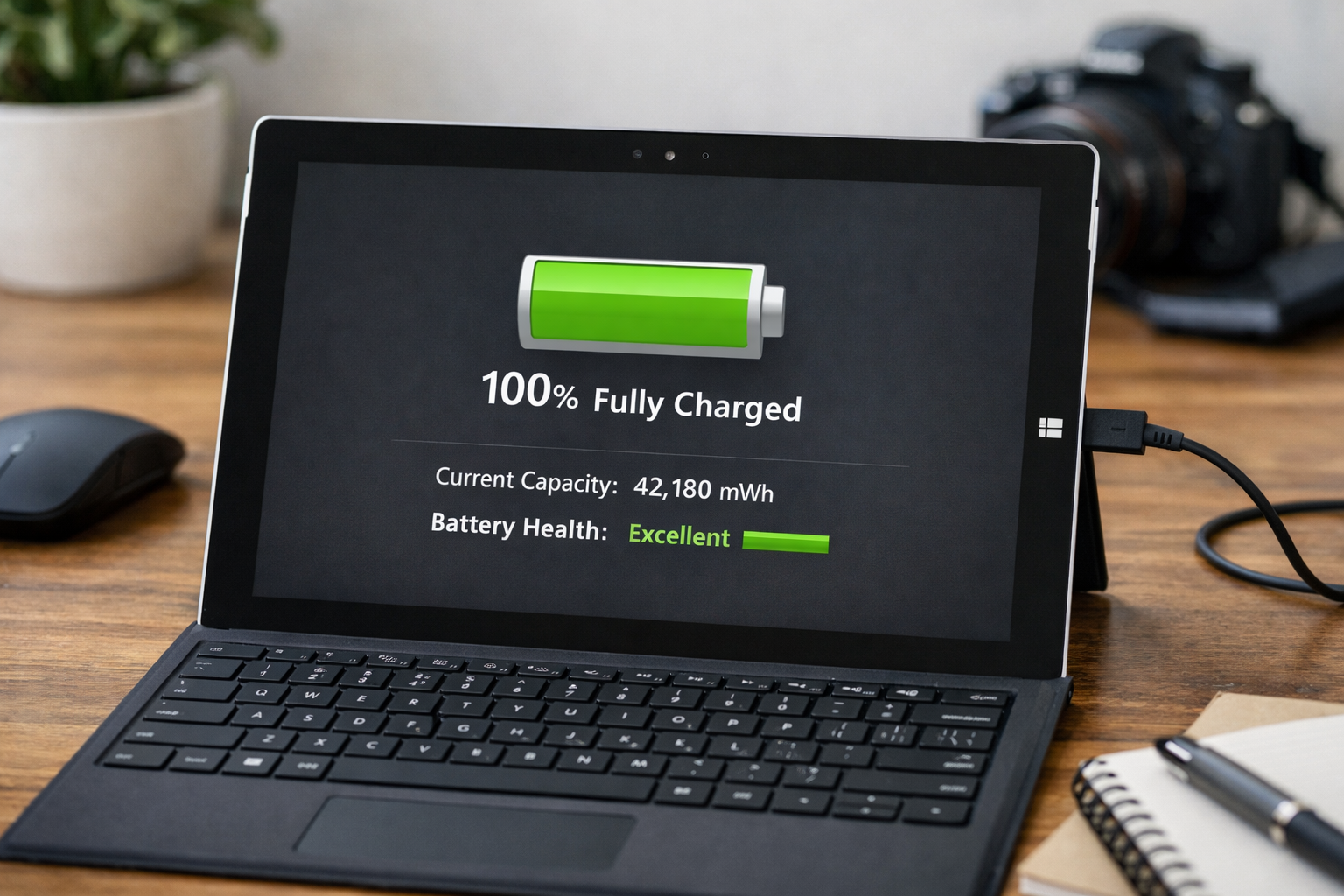 Màn hình hiển thị thông số pin Surface Pro 3 mới thay đạt 100% dung lượng và hiệu năng ổn định