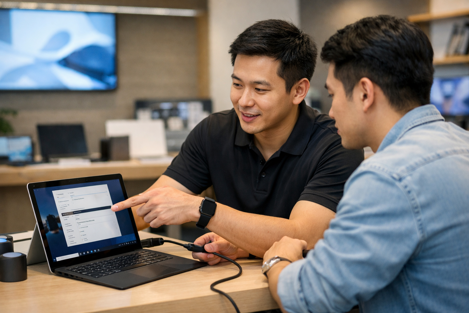 Nhân viên Surface Plus đang hướng dẫn cách sạc pin surface đúng cách