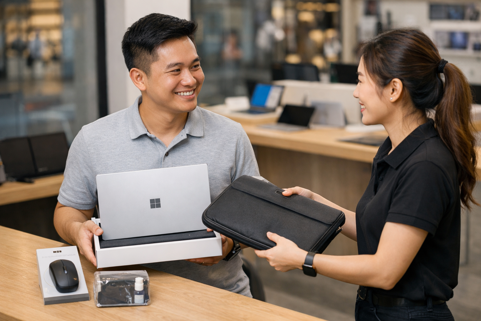 Khách hàng hài lòng khi nhận máy Surface Laptop kèm quà tặng tại cửa hàng