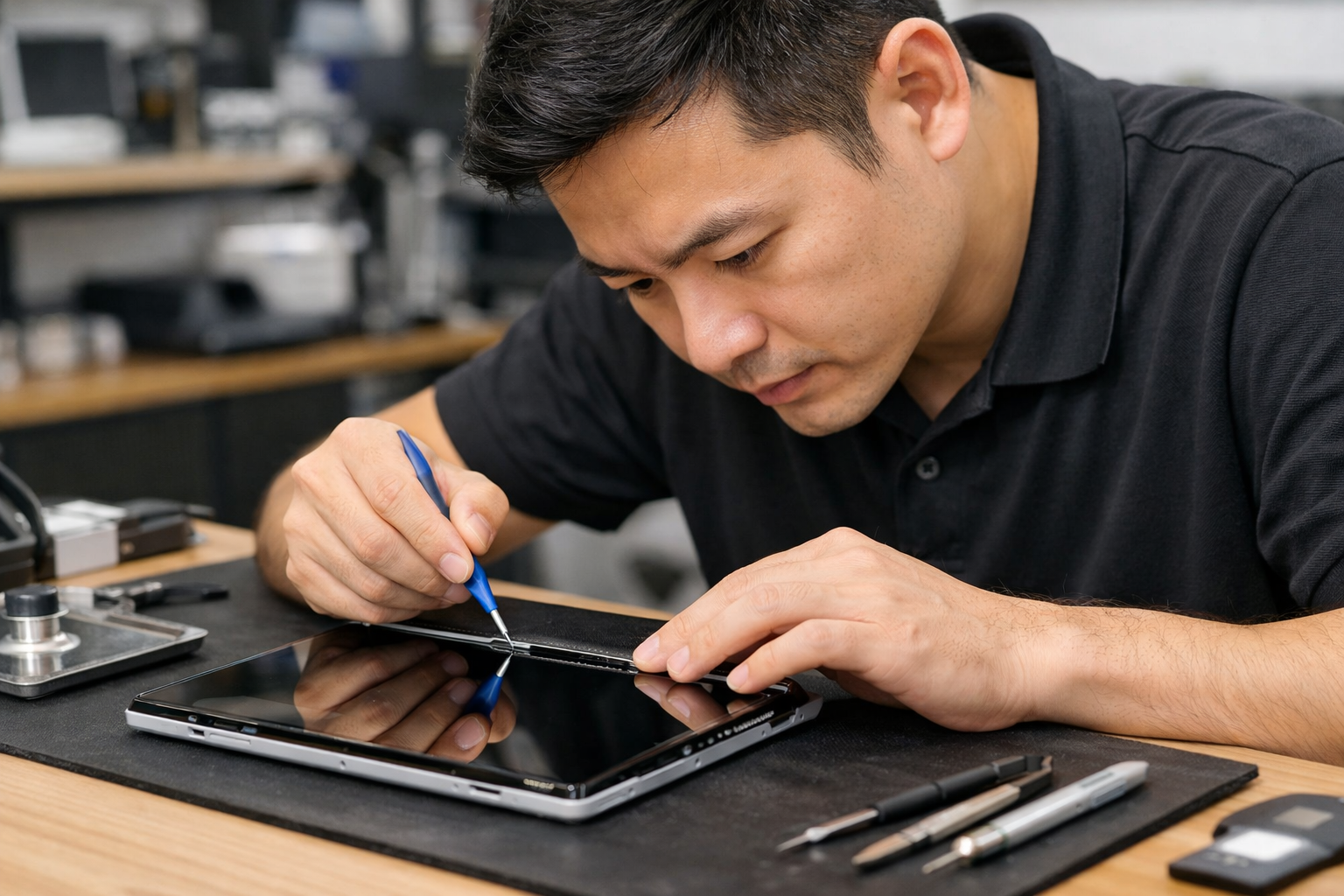 Kỹ thuật viên đang tỉ mỉ tách màn hình Surface Go 3 bằng dụng cụ chuyên dụng tại Surface Plus