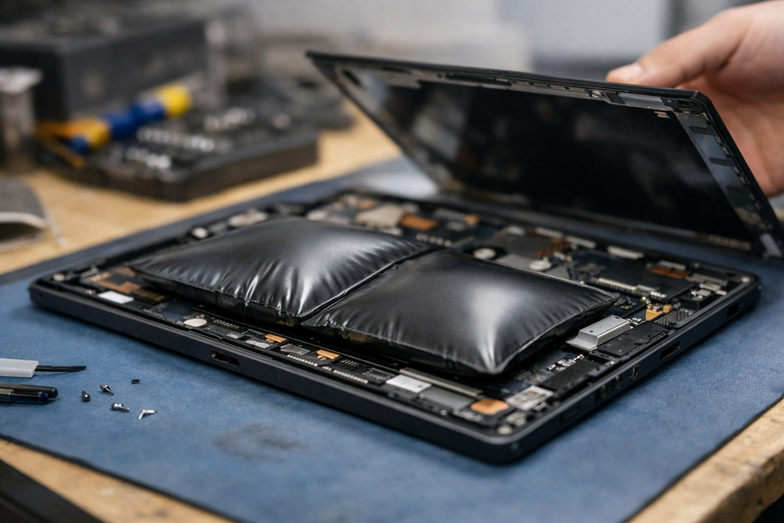 Hình ảnh viên pin Surface Pro 8 bị phồng gây nguy hiểm cho linh kiện bên trong