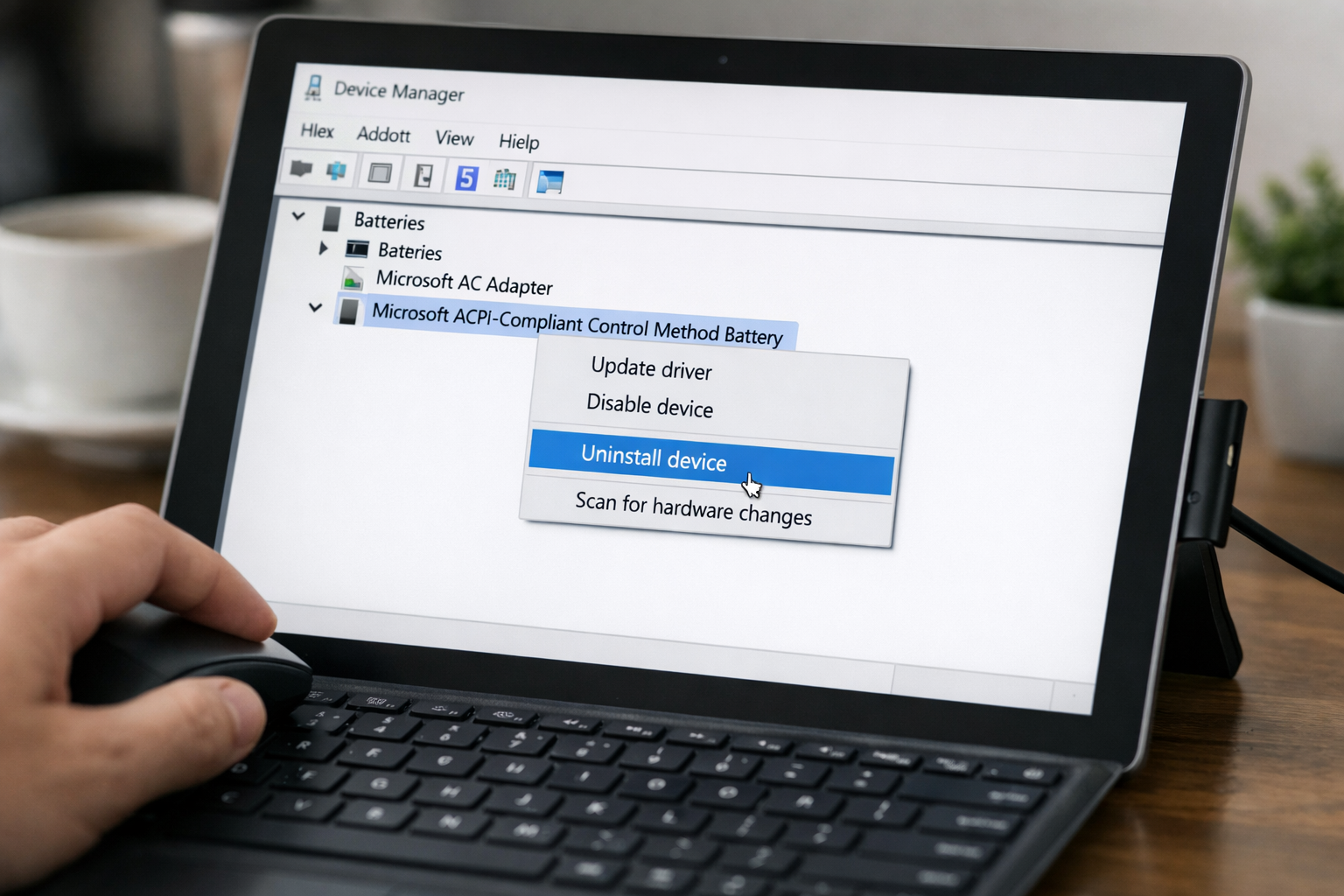 Màn hình Device Manager đang thực hiện gỡ cài đặt driver pin Surface