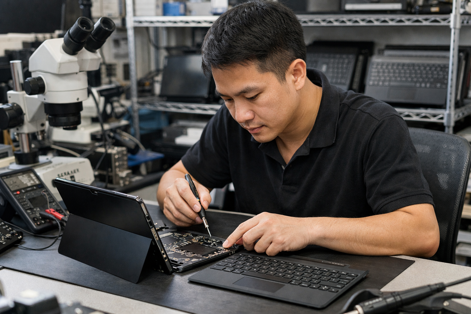 Kỹ thuật viên tại Surface Plus đang kiểm tra và sửa bàn phím Surface Pro 5