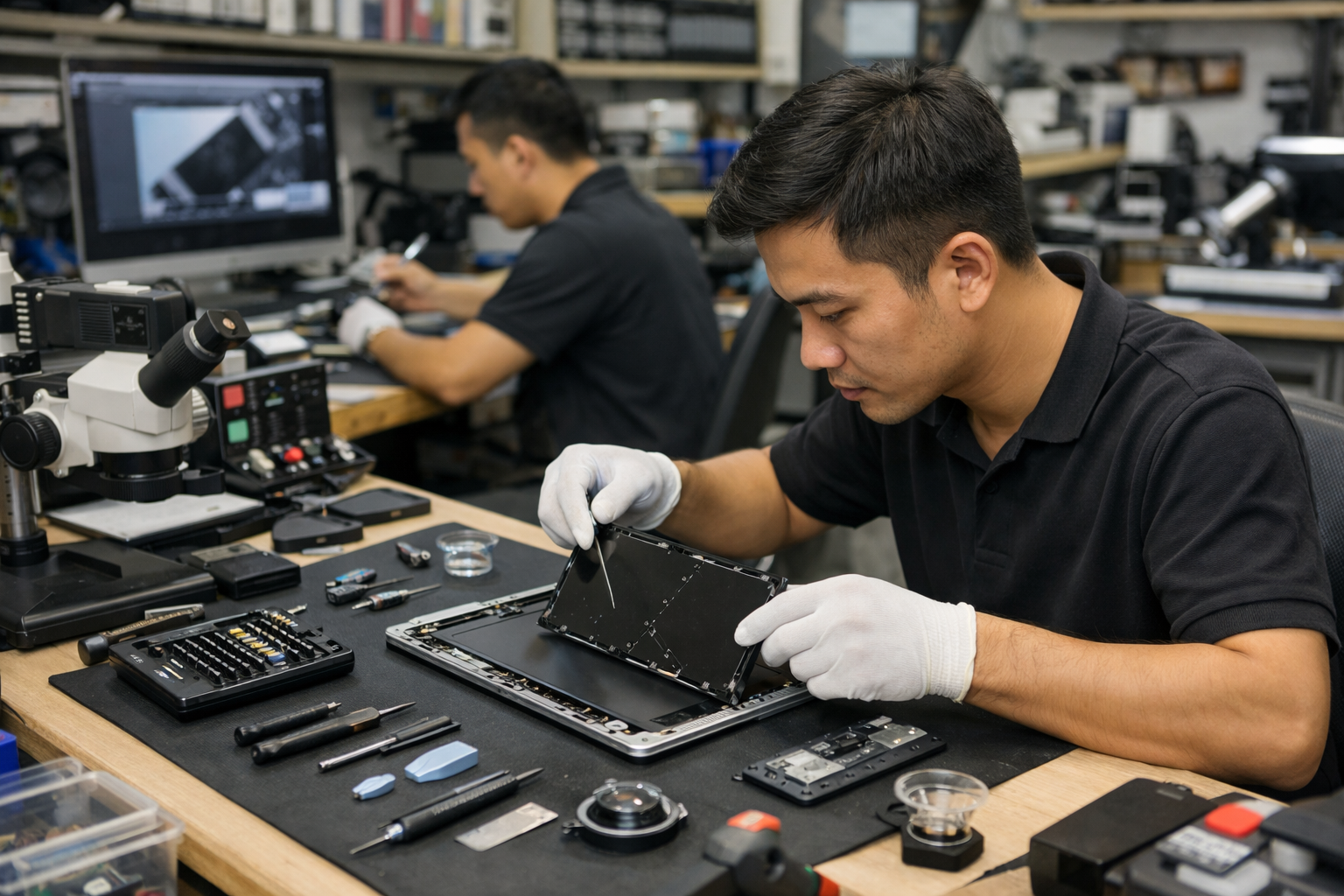 Không gian làm việc chuyên nghiệp tại Surface Plus với đầy đủ thiết bị sửa chữa Surface hiện đại