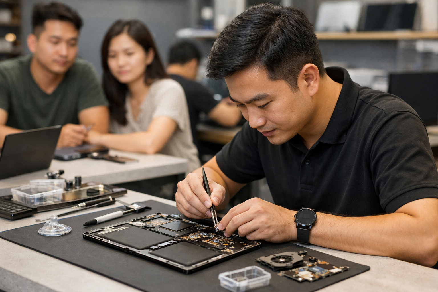 Kỹ thuật viên tại Surface Plus Hà Nội đang tiến hành thay thế linh kiện chính hãng cho khách hàng