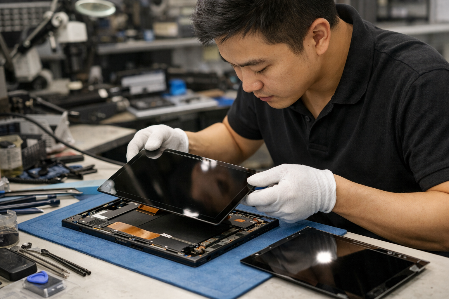 Kỹ thuật viên đang thực hiện thay màn hình Surface Pro 4 để xử lý triệt để đốm trắng