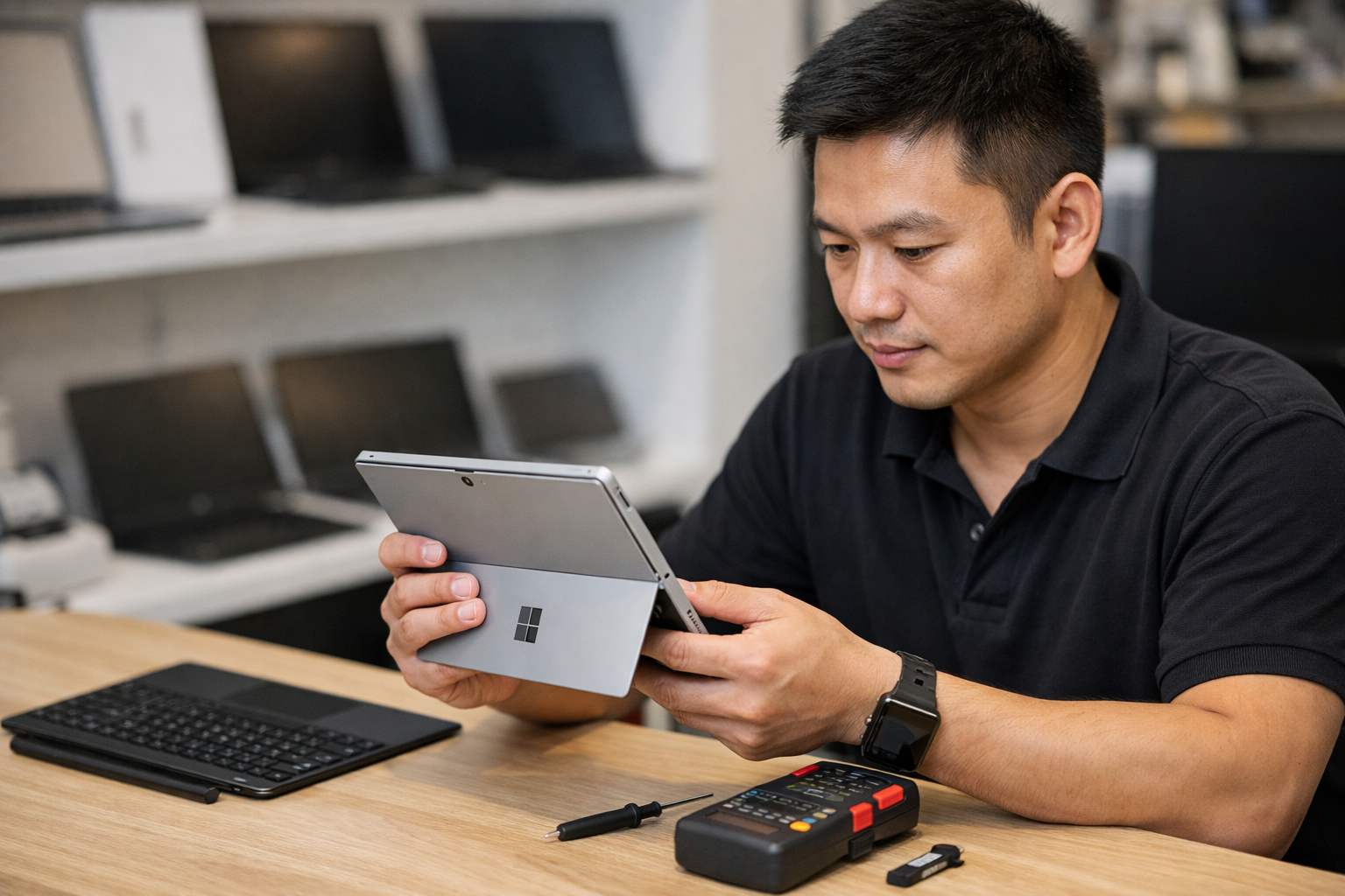 Nhân viên kỹ thuật đang kiểm tra chi tiết ngoại hình và phần cứng của Surface Pro cũ