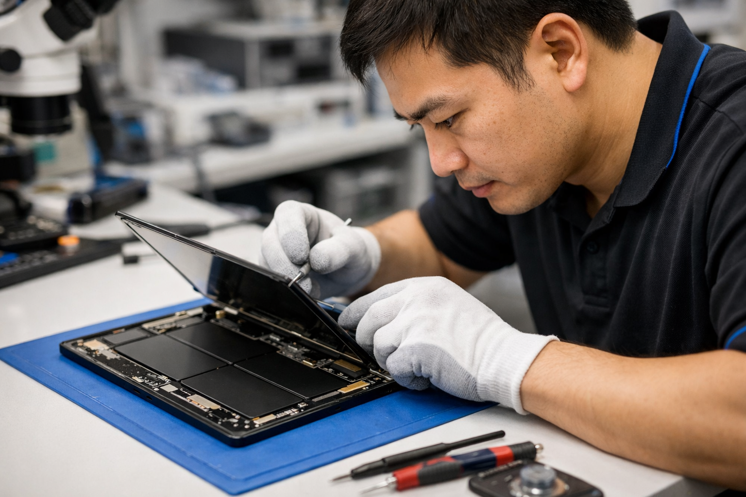 Thay Pin Surface Pro 9 Chính Hãng: Bảng Giá & Địa Chỉ Uy Tín 8 Kỹ thuật viên Surface Plus đang tỉ mỉ tách màn hình Surface Pro 9 để thay pin