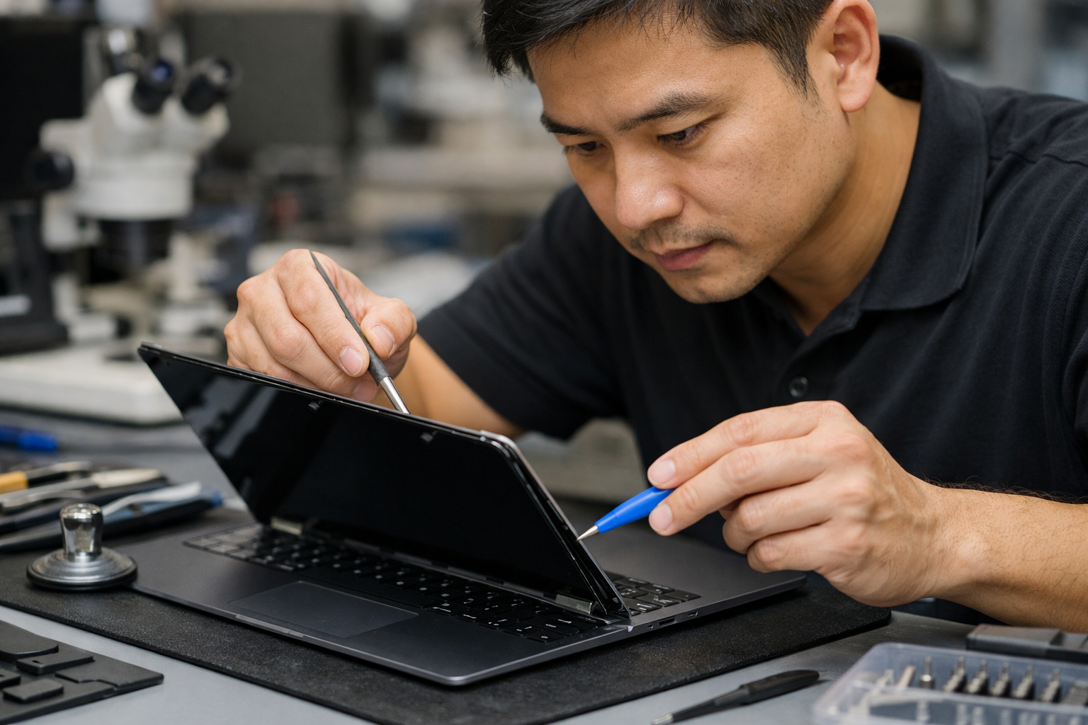 Kỹ thuật viên đang tỉ mỉ tách màn hình Surface Laptop 5 bằng dụng cụ chuyên dụng