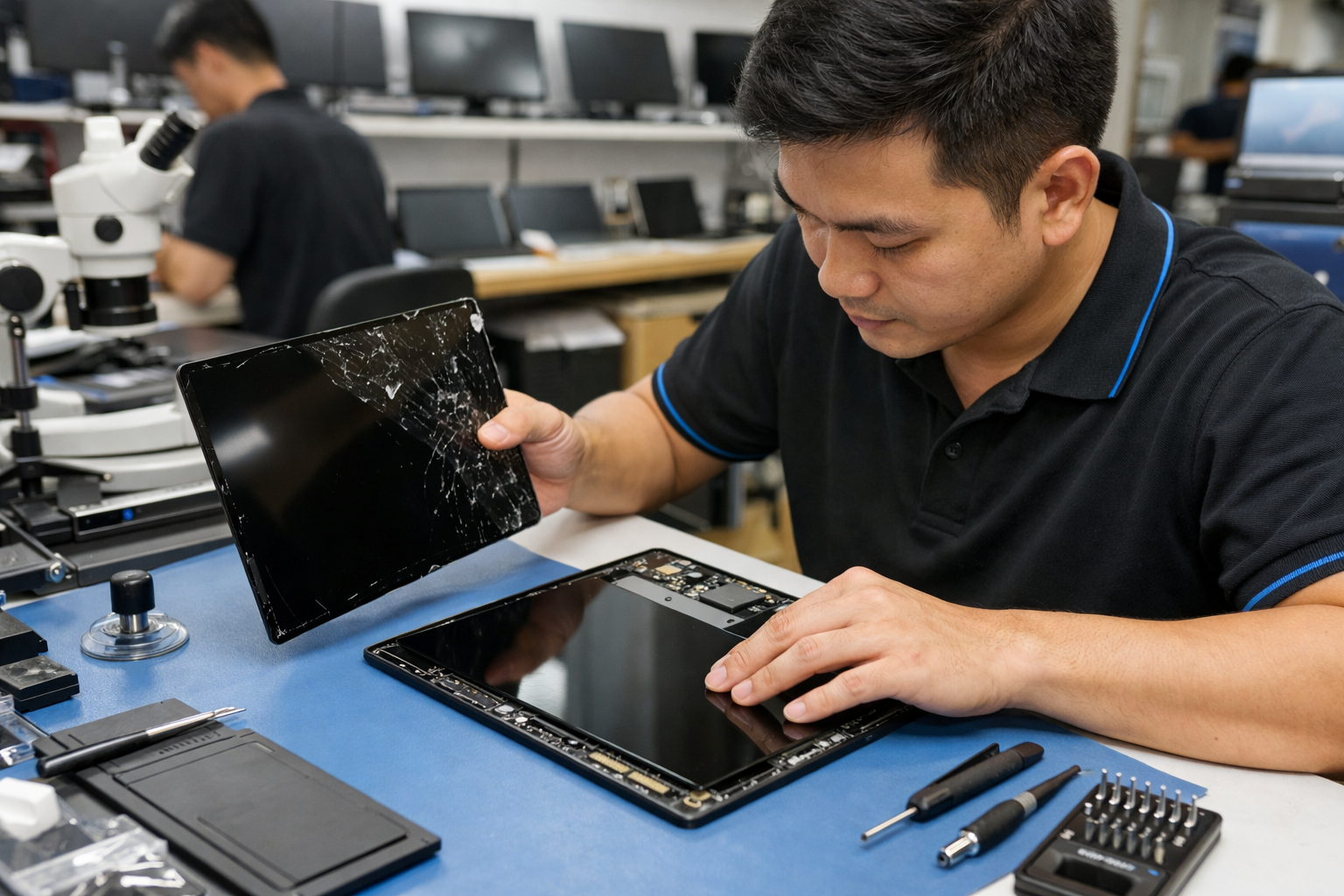 Kỹ thuật viên tại Surface Plus đang thực hiện thay màn hình Surface Pro X lấy liền