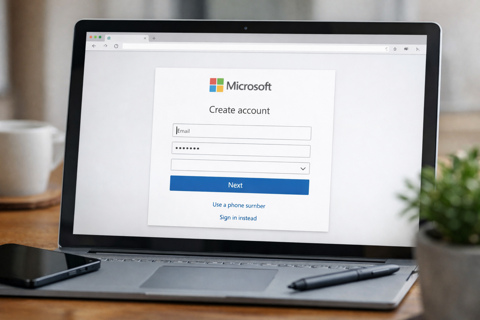 Giao diện trang web đăng ký tài khoản Microsoft trên trình duyệt