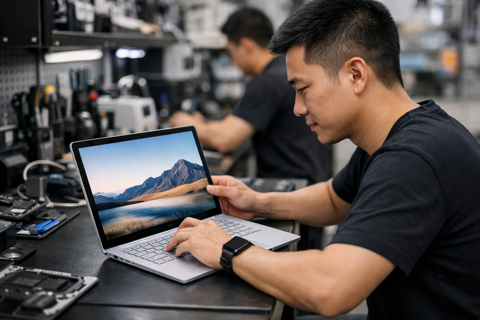 Thay Pin Surface Book 3 Lấy Ngay: Giải Pháp Cho Người Bận Rộn 9 Khách hàng đang kiểm tra lại chiếc Surface Book 3 sau khi đã thay pin xong
