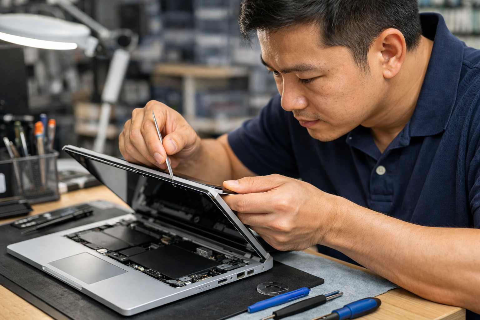 Thay Pin Surface Book 3 Lấy Ngay: Giải Pháp Cho Người Bận Rộn 7 Kỹ thuật viên đang tỉ mỉ sử dụng dụng cụ chuyên dụng để tách màn hình Surface Book 3