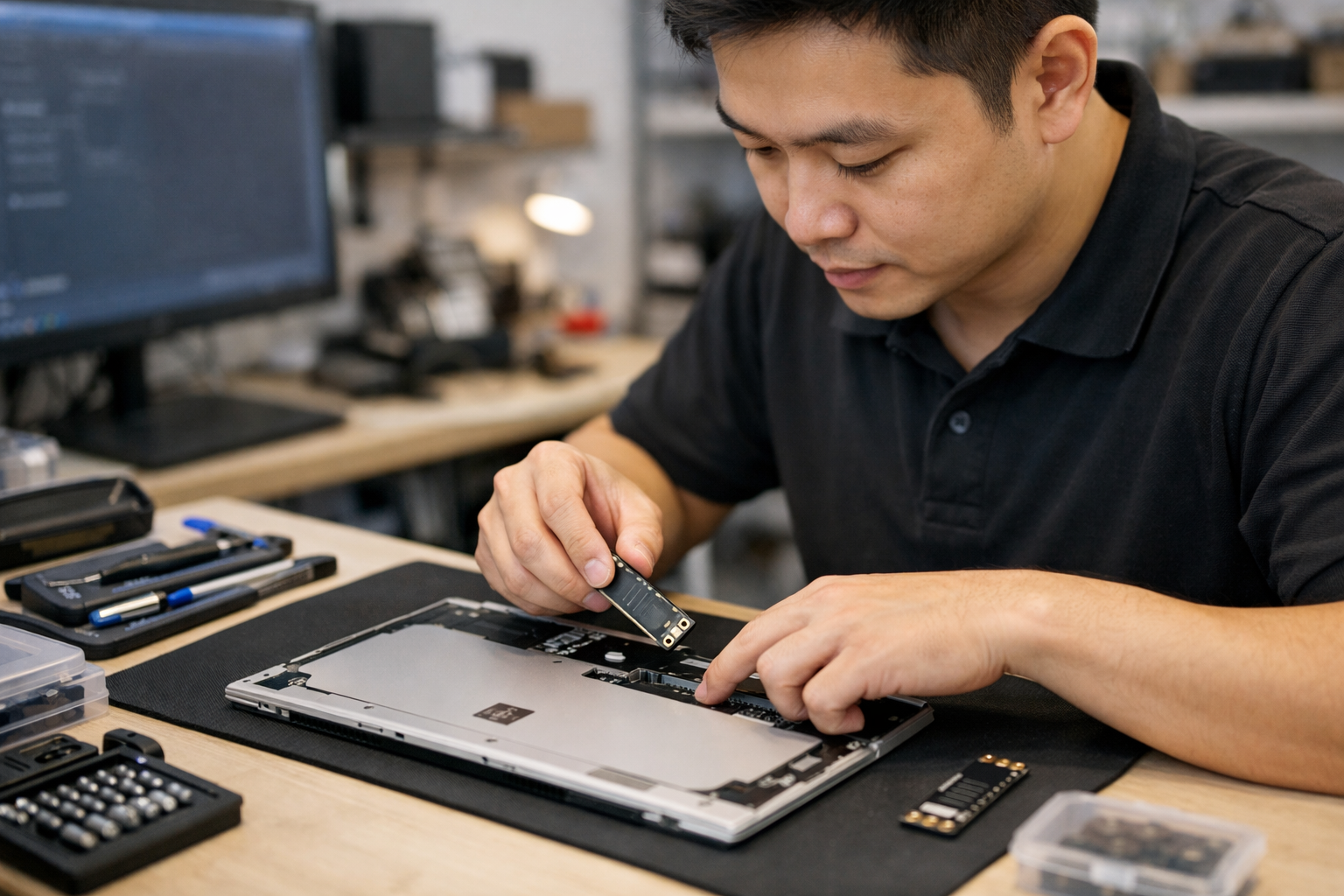 Cách giải phóng dung lượng Surface hiệu quả nhất 2024 9 Kỹ thuật viên tại Surface Plus thực hiện nâng cấp SSD cho máy Surface