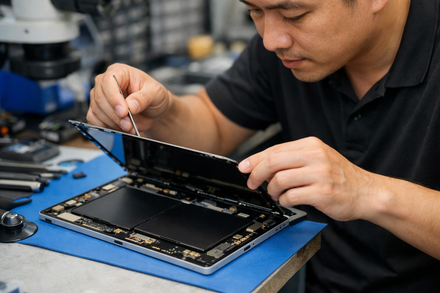 Thay Pin Surface Pro 4 Uy Tín, Lấy Ngay Tại Hà Nội | Surface Plus 7 Kỹ thuật viên đang khéo léo tháo màn hình Surface Pro 4 để thay pin